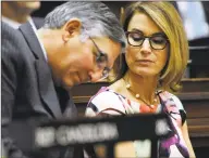  ?? Jessica Hill / Associated Press ?? State Senate Minority Leader Len Fasano, RNorth Haven, left, and House Minority Leader Themis Klarides, RDerby, here in a file photo, on Tuesday asked a candidate for Congress to drop out, after a graphic, sexually explicit Twitter post came to light.