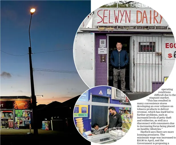  ??  ?? Kinjan Shah behind the counter of his Cutts Dairy in Christchur­ch, with his son Rivaan, above. Top, Frank Yan’s wife doesn’t work in his store, above and right, since a robbery two years ago and now he admits it’s a ‘‘very hard job’’ involving getting up at 5.30am and closing at 8pm. But he still says he’s ‘‘very happy’’ with his Selwyn Dairy.