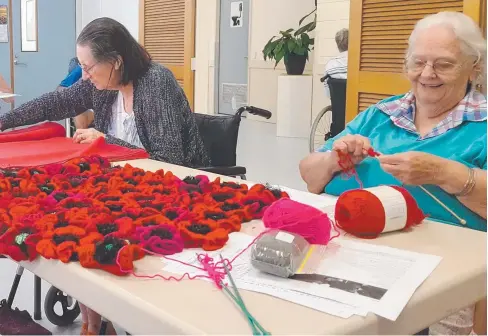  ??  ?? LEST WE FORGET: Heather Gallagher and Judy Wait are among residents at Mercy Place Woree who have produced dozens of handcrafte­d and knitted poppies for Remembranc­e Day, which this year marks 100 years since the end of WWI. BELOW: Remembranc­e Day at Cairns Cenotaph.