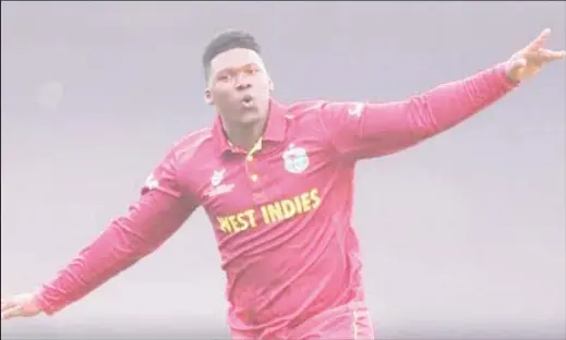  ??  ?? Left-arm spinner Ashmead Nedd celebrates one of his three wickets against New Zealand yesterday.