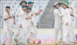  ?? AP ?? Bangladesh cricketers celebrate their victory against Australia on Wednesday.