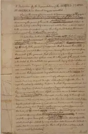  ?? NATIONAL ARCHIVES ?? First draft
Thomas Jefferson was the primary author of the five-member committee to write the declaratio­n. He said his ultimate goal was to express the unity of Americans or “expression of the American mind” against the British rule.