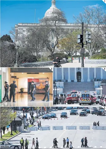  ?? FOTOS: AFP ?? 1 Un oficial de policía del Capitolio se encuentra de guardia tras el tiroteo.2 2 Un hombre fue herido por la policía tras generarse un tiroteo, luego el lugar cerró. Personal de emergencia y agentes del orden se reúnen fuera del sitio. 4 Levantaron una valla temporal en el Centro de Visitantes del Capitolio.134