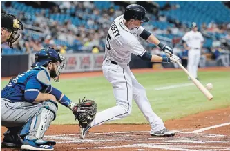  ?? CHRIS URSO TAMPA BAY TIMES ?? Rays; Matt Duffy connects for a lead-off single in the first against the Jays on Monday in St. Petersburg, Fla.