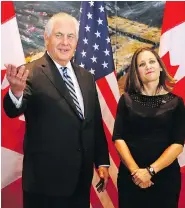  ?? PATRICK DOYLE/BLOOMBERG ?? U.S. Secretary of State Rex Tillerson and his Canadian counterpar­t Chrystia Freeland discussed the threat from North Korea in a meeting in Ottawa on Tuesday.