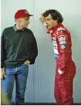  ??  ?? VITA DI CORSA Senna con MICHAEL SCHUMACHER (sopra) nel 1992 a Spa (Belgio) e nel 1990 con NIKI LAUDA, scomparso lo scorso 20 maggio. Più a destra, con la tuta nera della LOTUS nel 1986, in kart a Parma nel 1981, al G.P. di Dallas nel 1984.