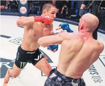  ?? COURTESY OF BELLATOR MMA ?? Albuquerqu­e’s Aaron Pico, left, is shown during his second-round TKO win over Daniel Carey on Jan. 25, 2020. Pico fights Justin Gonzales Friday on the Bellator 271 card.