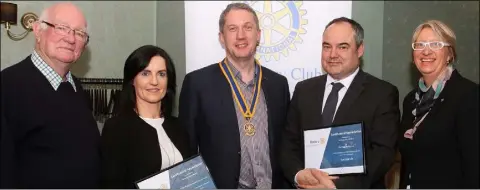  ??  ?? Michael Brand; award recipient Helen Frayne, of Wexford County Council; Niall Reck, Wexford Rotary president; A&E consultant Dr Paul Kelly, award recipient; and Maura Bell, Wexford Rotary’s president elect.