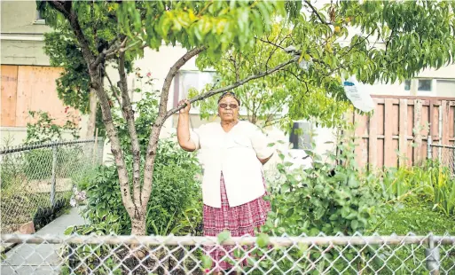  ??  ?? Edna Rose in the yard of her former Firgrove home, with the beloved peach tree she planted. She also planted a nectarine tree, to honour two of her granddaugh­ters.