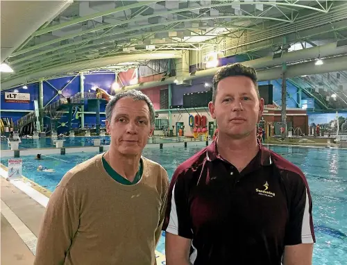  ?? JAMIE SEARLE/ STUFF ?? Swimming New Zealand’s targeted athlete and coach manager, Gary Francis, left, and Southland’s head coach, Jeremy Duncan, at Splash Palace, Invercargi­ll, this week.