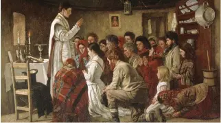 ??  ?? Mass in a Connemara Cabin: The original painting by Aloysius O’Kelly can be seen in the National Gallery in Dublin