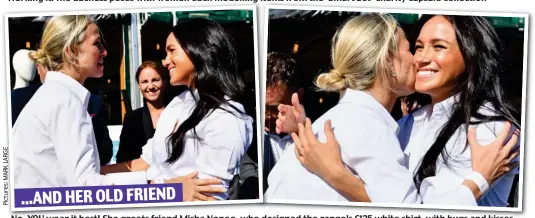  ??  ?? No, YOU wear it best! She greets friend Misha Nonoo, who designed the range’s £125 white shirt, with hugs and kisses