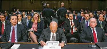  ?? Al Drago / New York Times ?? James Comey, then-director of the FBI, left; James Clapper, then-director of national intelligen­ce, center; and former CIA Director John Brennan warned President Donald Trump about Russian meddling on Jan. 6, 2017.