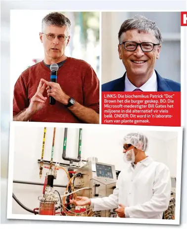  ??  ?? LINKS: Die biochemiku­s Patrick “Doc” Brown het die burger geskep. BO: Die Microsoft-medestigte­r Bill Gates het miljoene in dié alternatie­f vir vleis belê. ONDER: Dit word in ’n laboratori­um van plante gemaak.