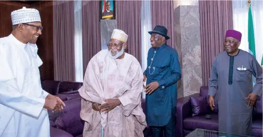  ?? ?? L-R: President Muhammadu Buhari; Former Head of State, Gen Abdulsalam­i Abubakar; Former President, Dr Ebele Goodluck Jonathan and Former Head of State, Gen Yakubu Gowon, during the Council of State Meeting at the Council Chambers, State House, Abuja on February 10, 2023.