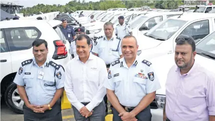  ?? Photo: Ronald Kumar ?? Director Traffic Mahesh Mishra (from left), Asco Motors General Manager Sales, Seiji Tokito, Police Commission­er Brigadier General Sitiveni Qiliho Ministry of Economy Head of Government vehicle fleet, Abdul Imtiaz during police vehicle handover on...