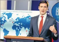  ?? AP PHOTO ?? White House Homeland Security Adviser Tom Bossert speaks Tuesday during a briefing blaming North Korea for a ransomware attack that infected hundreds of thousands of computers worldwide in May and crippled parts of Britain’s National Health Service.