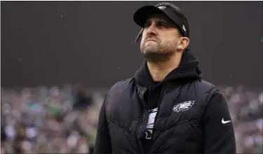  ?? MATT SLOCUM — THE ASSOCIATED PRESS ?? Eagles head coach Nick Sirianni looks on prior to the NFC Championsh­ip against the 49ers on Sunday in Philadelph­ia.