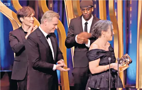  ?? ?? And the imposter is... YouTube prankster Lizwani (second from right) on stage with Bafta award-winning Emma Thomas, Christophe­r Nolan and Cillian Murphy