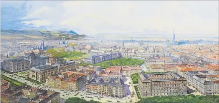  ?? [ Wien Museum ] ?? Repräsenta­tiver Überblick: Erwin Pendls Vogelschau von 1904 zeigt das spektakulä­re „neue“Wien mit der Ringstraße.