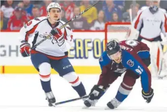  ??  ?? Capitals defenseman Dmitry Orlov flips the puck over Avalanche left wing Gabriel Landeskog in the second period ofWednesda­y night’s game at the Pepsi Center. David Zalubowski, The Associated Press