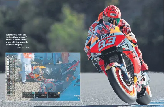  ?? FOTOS: EFE Y DAZN ?? Marc Márquez sufrió una fuerte caída en la curva 7 durante el FP3 de Jerez de la que salió ileso, pero ello condicionó su ‘qualy’