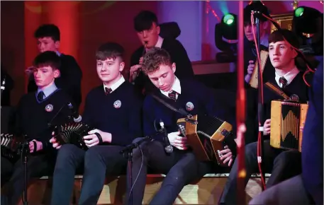  ??  ?? St Brendan’s trad group performing at the Liam O’Connor- St Brendan’s Concert in The Chapel, St Brendan’s College Killarney on Wednesday.Photo by Michelle Cooper Galvin