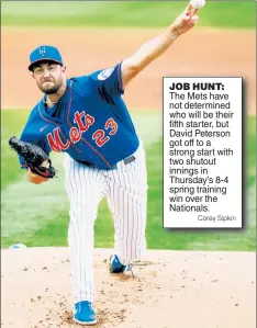  ?? Corey Sipkin ?? JOB HUNT: The Mets have not determined who will be their fifth starter, but David Peterson got off to a strong start with two shutout innings in Thursday’s 8-4 spring training win over the Nationals.