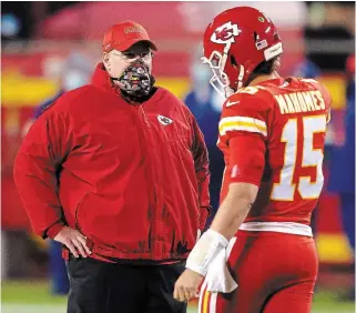  ?? JAMIE SQUIRE GETTY IMAGES FILE PHOTO ?? Quarterbac­k Patrick Mahomes and head coach Andy Reid look to lead the Kansas City Chiefs over the Cleveland Browns and into their third straight AFC Championsh­ip Game on Sunday.