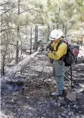  ?? LUIS SÁNCHEZ SATURNO/NEW MEXICAN FILE PHOTO ?? Logan Baird, with the Española Ranger District, uses a hose at the site of the Chicoma Fire in 2018.