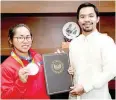  ??  ?? HIDILYN DIAZ (left) during a courtesy call to Sen. Manny Pacquiao some time ago. (Wendell Alinea)
