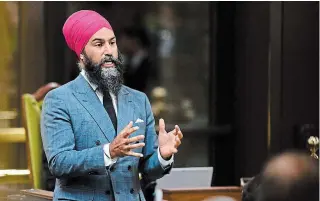  ?? SEAN KILPATRICK
THE CANADIAN PRESS ?? NDP leader Jagmeet Singh legislatio­n assuring that Canadians left jobless due to the pandemic won’t have their emergency benefits cut and that Canadians who fall ill will get paid sick leave.