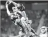  ?? Canadian Press photo ?? Saskatchew­an Roughrider­s defensive back Ed Gainey outleaps teammate Duron Carter to record his fourth intercepti­on during second half CFL action against the B.C. Lions, in Regina on Sunday.