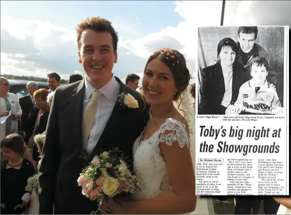  ??  ?? Toby and Anna Sligo from the UK on their wedding day on 22nd October 2016. The pair exchanged gifts including a Sligo Rovers Jersey and a watch with a map of Sligo.