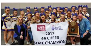  ?? SUBMITTED ?? The Sheridan Lady Yellowjack­ets cheerleadi­ng squad won its third straight state championsh­ip Dec. 16 at the Bank of Ozarks Arena in Hot Springs. In the front row, from left, are head coach Dana Morton; manager Sarah Reynolds; seniors Anna Handloser,...