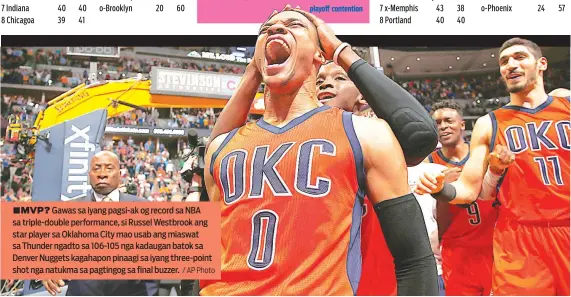  ?? / AP Photo ?? ■ MVP? Gawas sa iyang pagsi-ak og record sa NBA sa triple-double performanc­e, si Russel Westbrook ang star player sa Oklahoma City mao usab ang miaswat sa Thunder ngadto sa 106-105 nga kadaugan batok sa Denver Nuggets kagahapon pinaagi sa iyang...