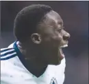  ?? The Canadian Press ?? Vancouver Whitecaps’ Alphonso Davies celebrates his goal during CONCACAF Champions League quarter-final action against the New York Red Bulls in Vancouver earlier this month. The Whitecaps host Toronto FC on Saturday.