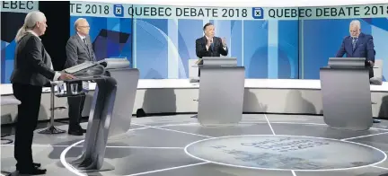  ?? ALLEN McINNIS ?? All four party leaders graciously agreed to the English-language debate and, while sometimes sweating bullets, communicat­ed bravely in their second language, particular­ly François Legault, second from right, and Manon Massé, at left, Josh Freed writes.