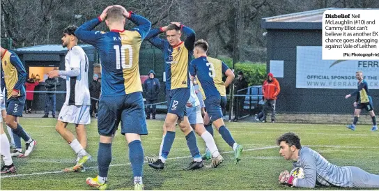  ?? (Pic: Photograph-ie) ?? Disbelief Neil McLaughlin (#10) and Cammy Elliot can’t believe it as another EK chance goes abegging against Vale of Leithen