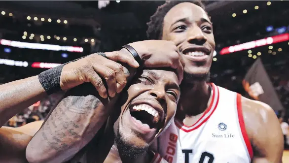  ?? FRANK GUNN/THE CANADIAN PRESS ?? Raptors guard Kyle Lowry, left, will have to get along without DeMar DeRozan, who was shipped to the Spurs on Wednesday as part of the Leonard trade.