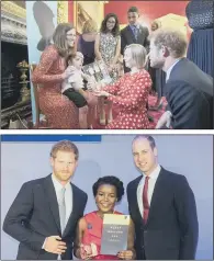  ??  ?? Top, Prince Harry speaks to winner Jonathan Ryan; above, the royal brothers, making their first joint appearance at a Diana Award event, present an award to Elan Mon Gilford.