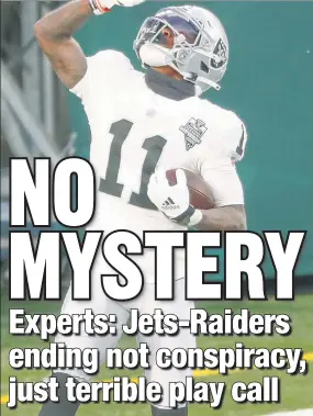  ?? N.Y. Post: Charles Wenzelberg ?? JUST WIN, BABY: Henry Ruggs celebrates his game-winning touchdown against the Jets on Sunday. The speedy Ruggs was foolishly left in one-on-one coverage, and the Alabama product delivered for the Raiders.