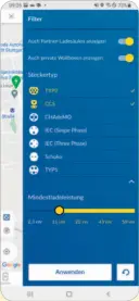  ??  ?? Eingeschrä­nkt: Alle wichtigen Filterfunk­tionen sind vorhanden, doch zu Gratis-Ladesäulen mag die EWE-App ihre Nutzer nicht führen.