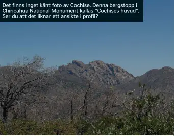  ??  ?? Det finns inget känt foto av Cochise. Denna bergstopp i Chiricahua National Monument kallas ”Cochises huvud”. Ser du att det liknar ett ansikte i profil?