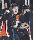  ?? Robert Gauthier Los Angeles Times ?? RICKARD RAKELL, left, celebrates his first-period goal, one of Ducks’ four power-play goals, a franchise playoff record.