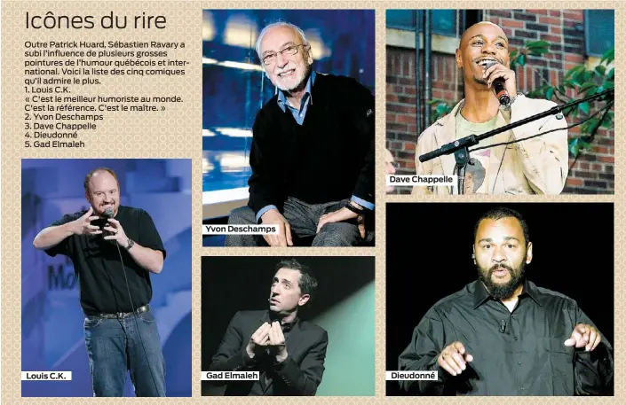  ??  ?? Louis C.K.
Yvon Deschamps
Gad Elmaleh
Dave Chappelle
Dieudonné