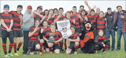  ?? CAPE BRETON POST ?? Glace Bay High School Panthers rugby team celebrates after winning the Cape Breton Highland High School Rugby League championsh­ip at the Membertou Athletic Field on Wednesday. Glace Bay beat Riverview 15-0 to advance to the provincial­s for the fourth...