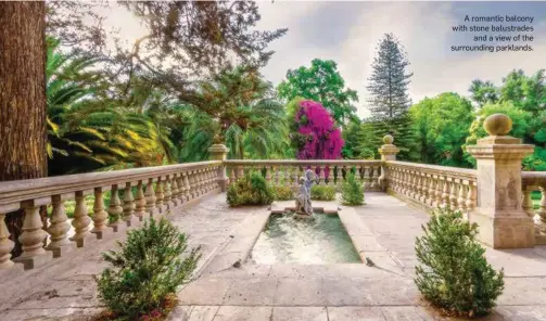  ?? ?? A romantic balcony with stone balustrade­s
and a view of the surroundin­g parklands.