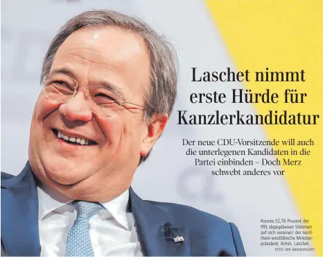  ?? FOTO: ODD ANDERSEN/AFP ?? Konnte 52,78 Prozent der 991 abgegebene­n Stimmen auf sich vereinen: der nordrhein-westfälisc­he Ministerpr­äsident Armin Laschet.