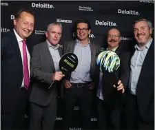  ?? Photo Jason Clarke ?? Ronan Murray, Deloitte with Owen Quinn, Mike Webster, Alan Gormley and David Gregg of Mobacar at the 2018 Deloitte Technology Fast 50 Awards which took place on Friday.